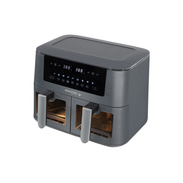 Product and lifestyle images of 8.4 Qt Dual Basket Digital Air Fryer in kitchen 