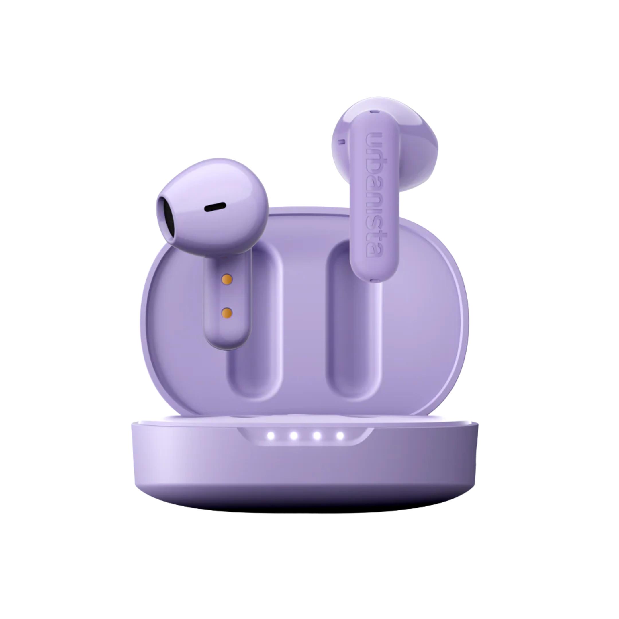 Product and lifestyle images of URBANISTA Copenhagen 2 TWS Earbuds, with model wearing for scale