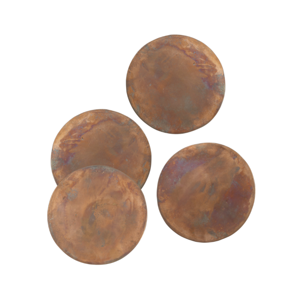 Product and lifestyle images of SIR/MADAM copper coasters on tablescape with mixologist making a drink in glasses