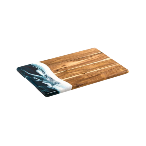 Product and lifestyle images of LYNN & LIANA 8x11 Acacia Small Breadboard including food props for demonstration 