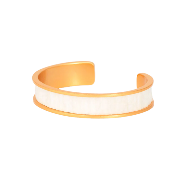 Product images of Brackish thin cuff in various styles, two on model wrist for scale