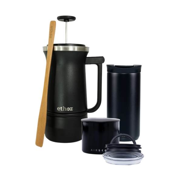 Product and lifestyle images of Stainless Steel Coffee Brewing Essentials