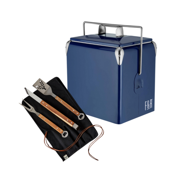 Product and lifestyle images of Vintage Metal Cooler + Grill Tools