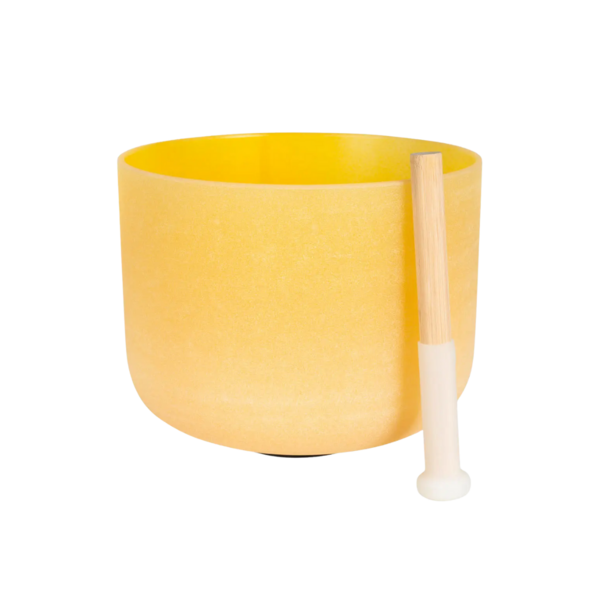 Product and lifestyle images of yellow Crystal Singing Bowl