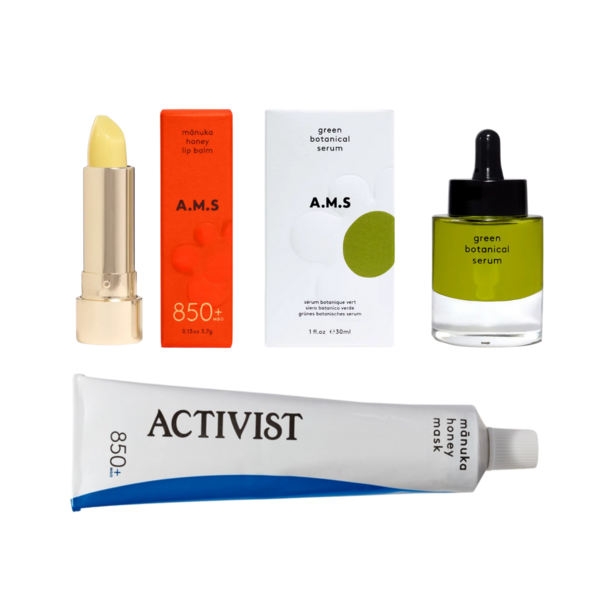 Product and lifestyle images of Manuka Honey Skincare Trio
