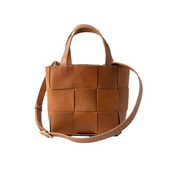 Product and lifestyle images of The Woven Mini Tote
