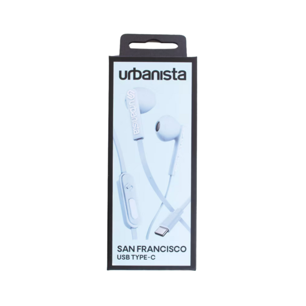 Product and lifestyle images of San Francisco USB-C Earbuds in Skylight Blue