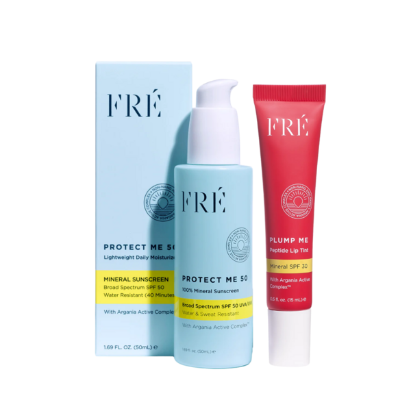 Product and lifestyle images of Protect + Plump SPF Duo