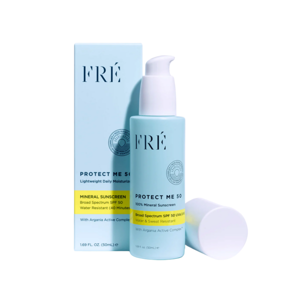 Product and lifestyle images of FRE Skincare PROTECT ME 50 Mineral SPF 50 Moisturizer