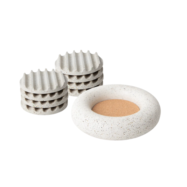 Product and lifestyle images of Glass + Wine Bottle Coaster Set