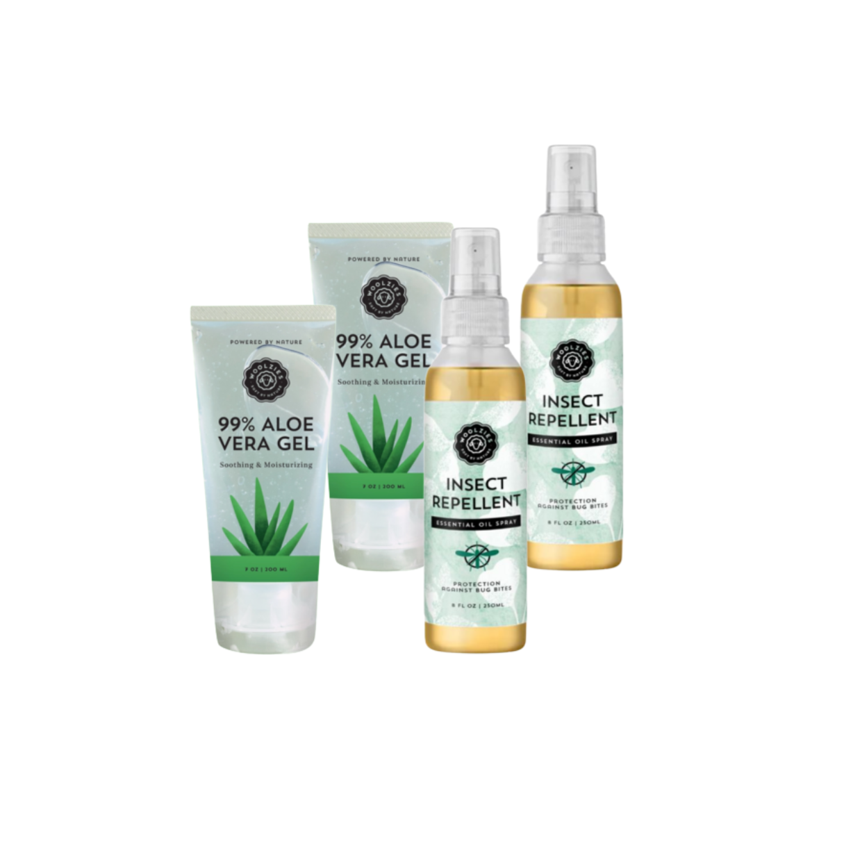 Product images of Woolzies Outdoor Essentials Bundle including 8 oz Insect Repellant Spray and 7 oz Aloe Vera Tube