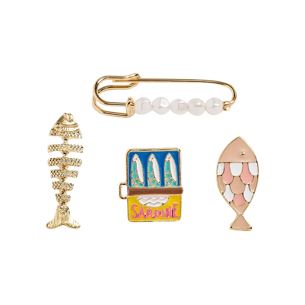 Gold Fish & Sardine Enamel Brooch Set